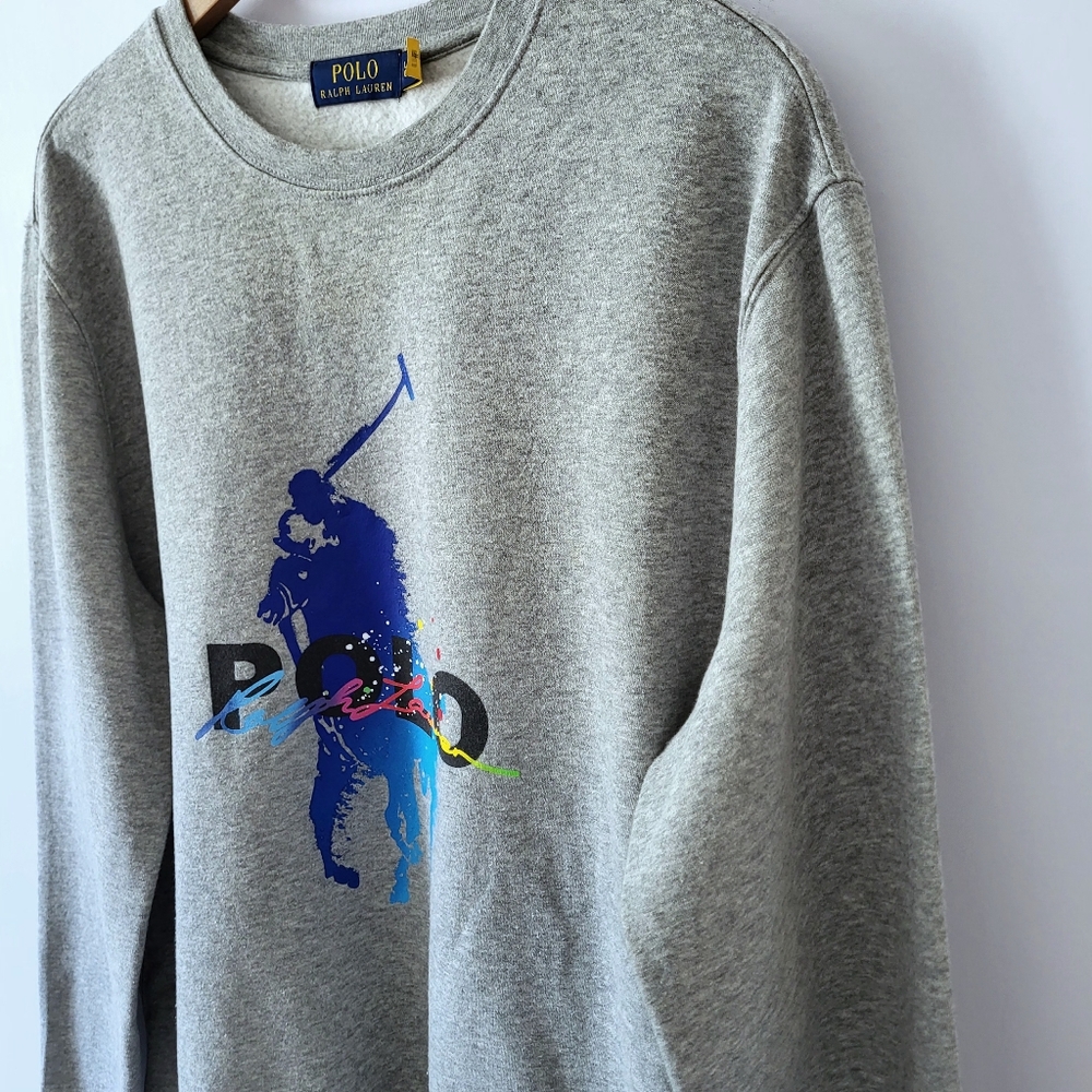 Men's Polo Ralph Lauren Big Pony Splash Paint Effect Grey Crewneck Sweatshirt L - Picture 4 of 6